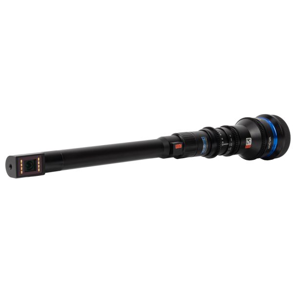 Laowa 24mm T14 Periprobe Sondenobjektiv mit EF-Anschluss, liegend mit langem Tubus und Frontlinse.