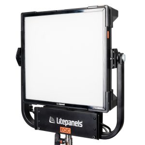 Litepanels Gemini 1x1 Soft LED-Flächenleuchte mit Diffusor, Haltebügel und Steuereinheit, von vorne.