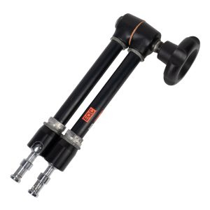 Manfrotto 244 Magic Arm mit zwei schwarzen Armsegmenten, Drehknopf zur Feststellung und zwei Zapfen an den Enden.