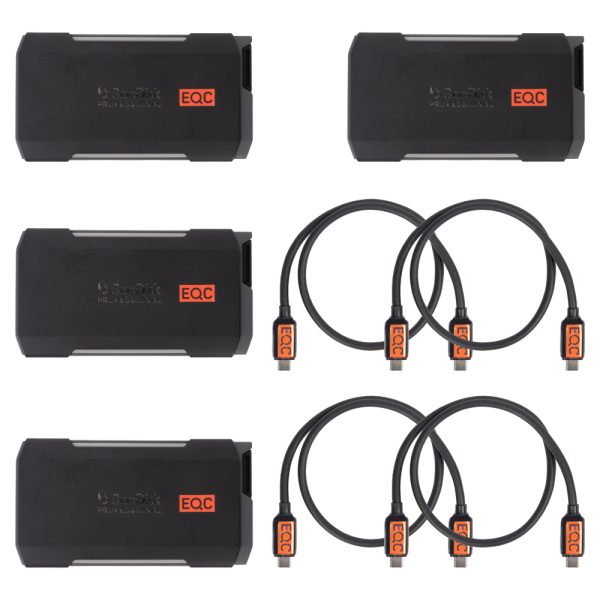 SanDisk Professional PRO-BLADE Lieferumfang mit vier Transport-Gehäusen und vier USB-C-Kabeln.