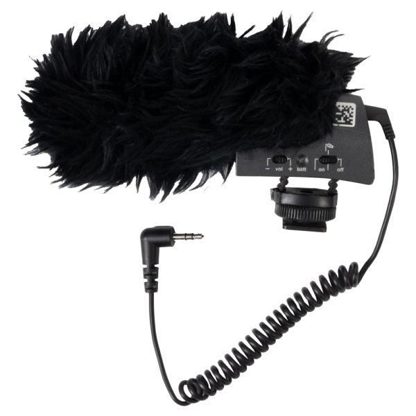 Sennheiser MKE 400 Kameramikrofon mit Fell-Windschutz und Schaltern für Empfindlichkeit und Low-Cut.