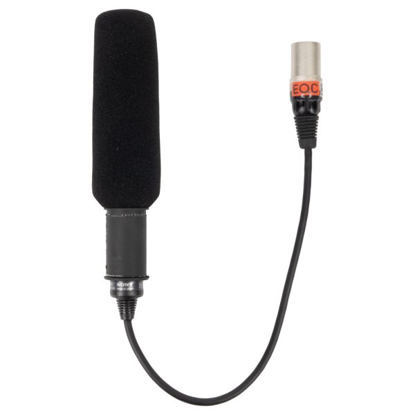 Sony ECM-XM1 Richtrohrmikrofon mit Schaumstoff-Windschutz und fest angeschlossenem Kabel mit XLR-Stecker.
