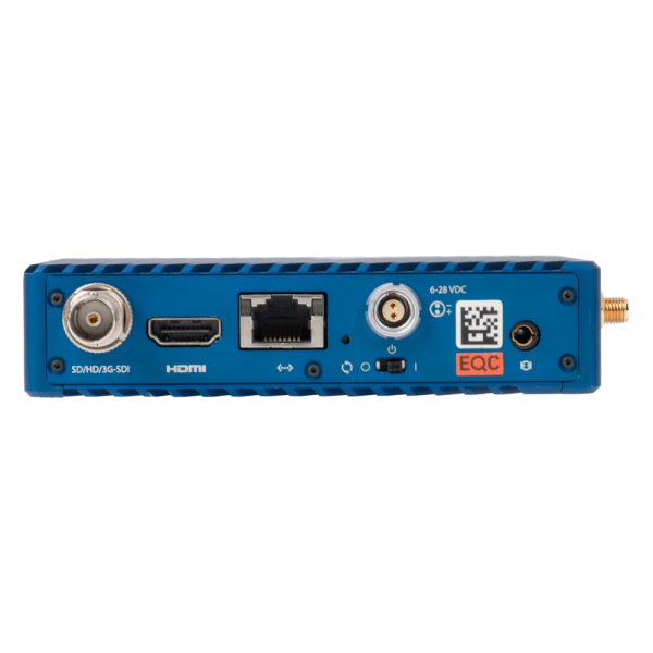 Teradek Serv Pro von hinten mit SDI-, HDMI- und Ethernet-Anschluss, Stromeingang und Kopfhörerbuchse.