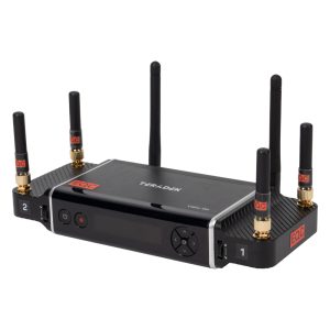 Teradek VidiU Go Live-Streaming-Encoder mit sechs Antennen, Display und Bedientasten, schräg von vorne.