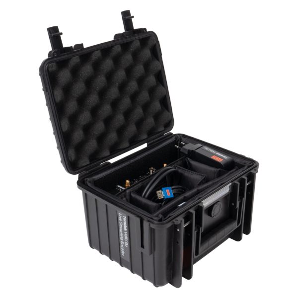 Teradek VidiU Go mit Zubehör verstaut im geöffneten Transportkoffer mit gepolsterten Fächern.