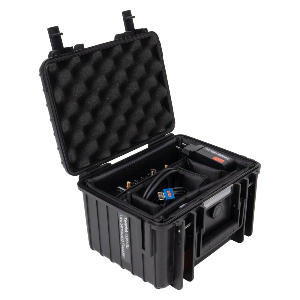 Bonding-Encoder für Live-Streams mit HDMI- und SDI-Eingang, H.264/HEVC-Codierung und eingebautem Rekorder. Teradek VidiU Go mit Zubehör verstaut im geöffneten Transportkoffer mit gepolsterten Fächern.