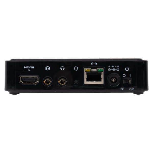 Teradek VidiU Pro von hinten mit HDMI-Eingang, Audiobuchsen, Netzwerk, Stromeingang und Schalter.