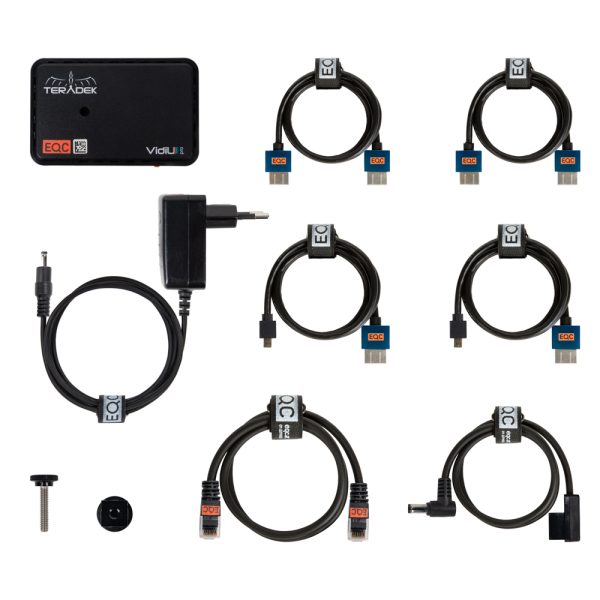 Teradek VidiU Pro mit Lieferumfang: Rekorder, Netzteil, HDMI-Kabel, Netzwerkkabel und D-Tap-Kabel.