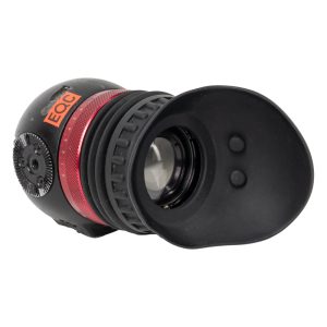 Zacuto Gratical EYE Sucher mit Augenmuschel, rotem Dioptrienring und Rosettenanschluss, schräg von hinten.