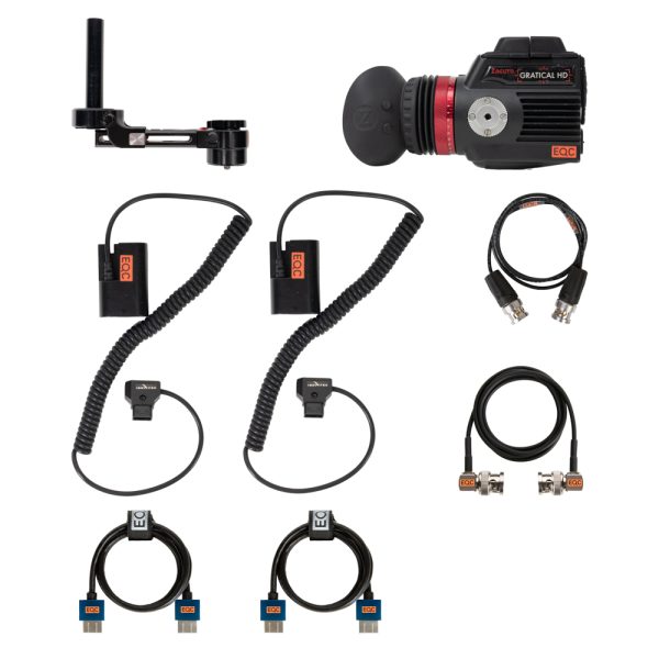 Zacuto Gratical HD Sucher mit Lieferumfang: Halterung, zwei Stromkabel, zwei SDI- und zwei HDMI-Kabel.