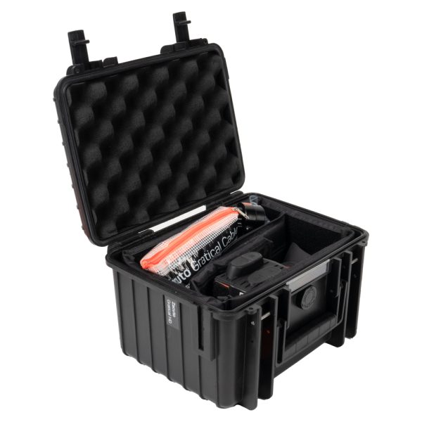 Zacuto Gratical HD Sucher mit Zubehör verstaut im geöffneten Transportkoffer mit Schaumstoffdeckel.
