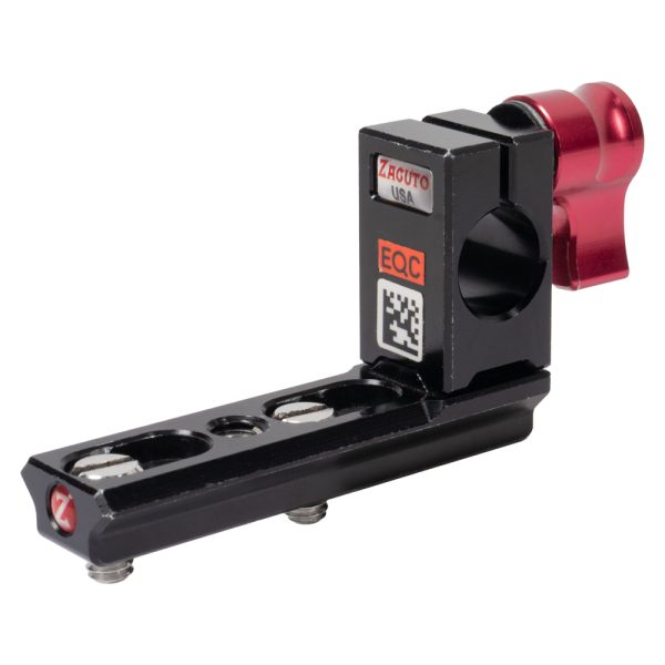 Zacuto Z-Rail mit Klemme für 15-mm-Rods, rotem Klemmhebel und Schiene mit Befestigungsschrauben unten.