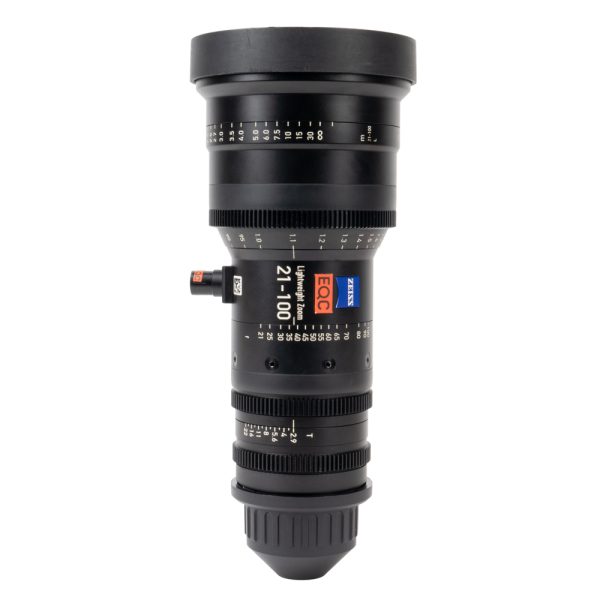 Zeiss LWZ.3 Lightweight Zoom 21-100mm T2.9-3.9 stehend von der Seite mit Zahnkränzen und Skalen.