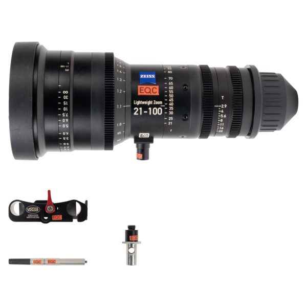 Zeiss LWZ.3 Lightweight Zoom 21-100mm T2.9-3.9 liegend, darunter Optikstütze, Stange und Stützbolzen.