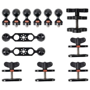 rowa Arm Mounting Kit mit Lieferumfang: sechs Kugelköpfe, zwei Doppelkugel-Platten und fünf Klemmen.