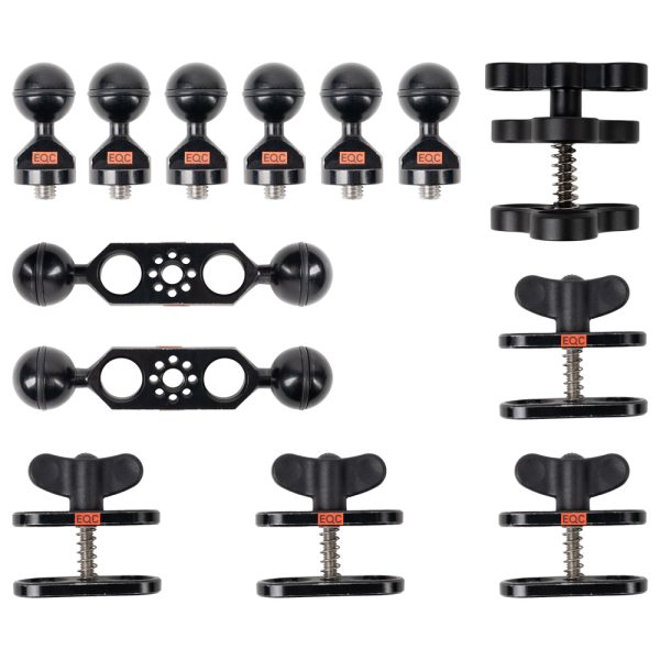 rowa Arm Mounting Kit mit Lieferumfang: sechs Kugelköpfe, zwei Doppelkugel-Platten und fünf Klemmen.